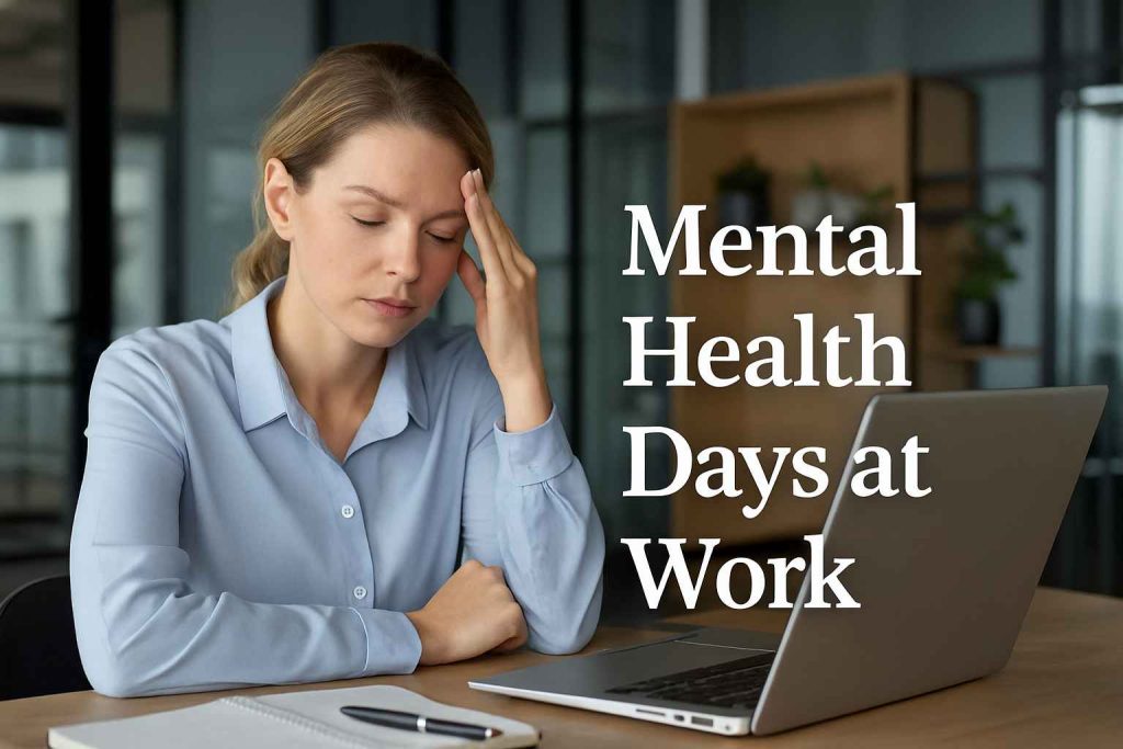 A professional woman taking a mindful break at her desk, representing the importance of mental health days in the workplace
