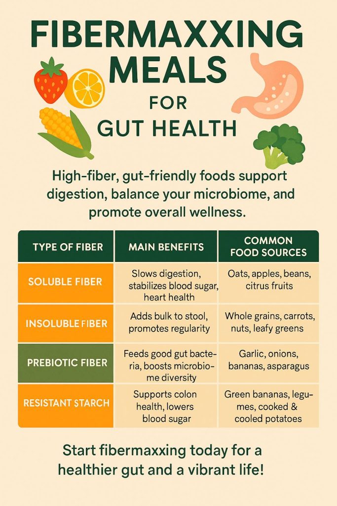 A colorful infographic from jannavita.com showing fibermaxxing meals for gut health, highlighting different types of dietary fiber and their food sources such as oats, legumes, fruits, and vegetables.