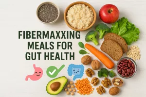  A realistic photo with added illustrations representing fibermaxxing meals for gut health, featuring whole foods like fruits, vegetables, legumes, and grains, designed for jannavita.com’s guide to digestive wellness.